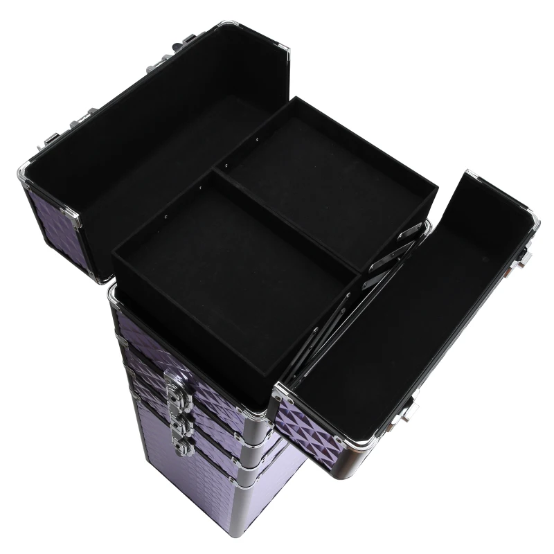 HOMCOM Maletín de Maquillaje Profesional con Ruedas Universales Distintos Niveles Asa Extensible Maletín Maquillaje Trolley Aleación de Aluminio 33.5x23x76/95.5 cm Violeta