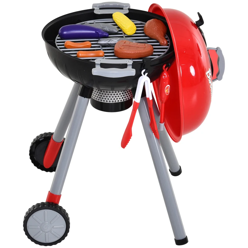 HOMCOM Juego de Barbacoa para Niños Mayores de 3 Años con Accesorios de 39 Piezas Luz y Sonido Juguete de Simulación BBQ de Carbón 34,5x37x56 cm Rojo