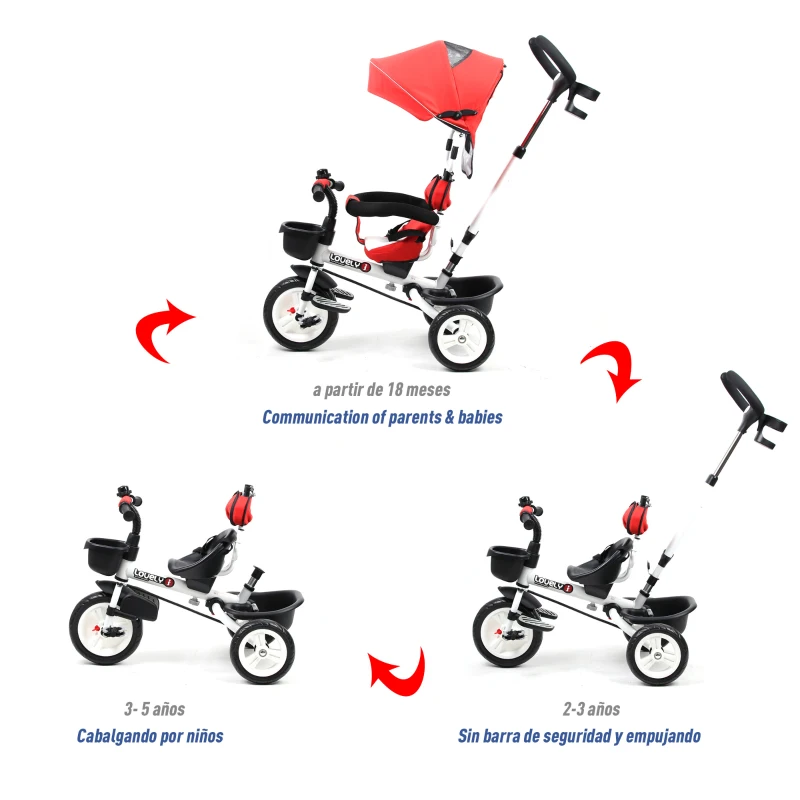 HOMCOM Triciclo para Bebés Plegable Triciclo Evolutivo 2 en 1 para Niños +18 Meses con Toldo Plegable Mango de Empuje Telescópico Reposapiés Cinturón de Seguridad y Cestas Rojo