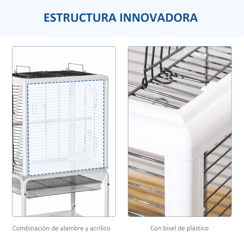 PawHut Jaula para Pájaros con Soporte Desmontable Pajarera con 4 Ruedas Techo Abrible 2 Comederos 2 Perchas y Bandeja para Loros Canarios Periquitos 47x35x106,5 cm Blanco