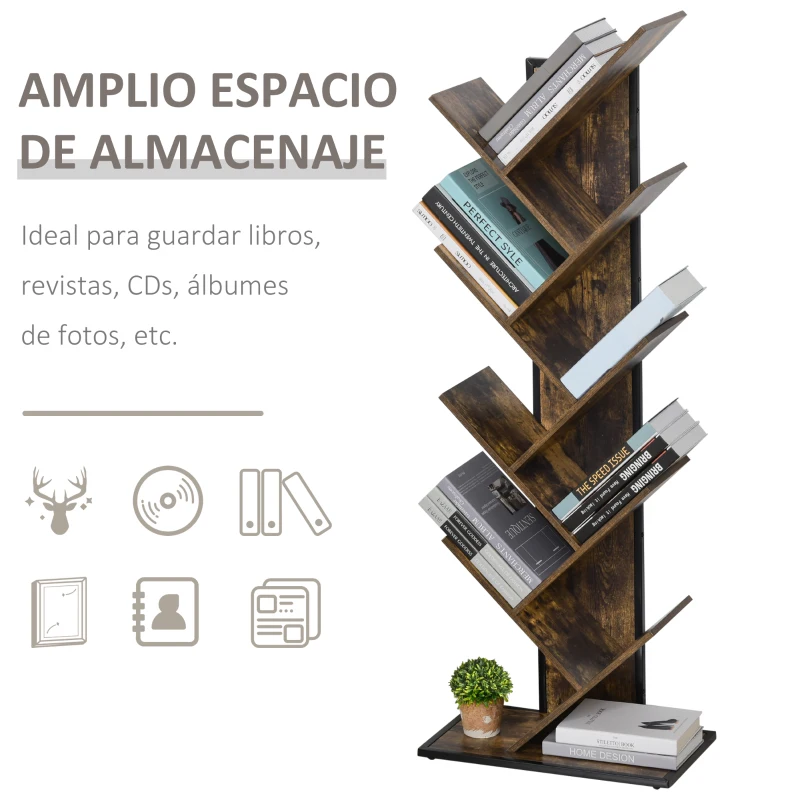 HOMCOM Librería en Forma de Árbol Estantería de 8 Niveles para Almacenamiento y Exhibición con Dispositivo Antivuelco 50x28x142 cm Marrón Rústico