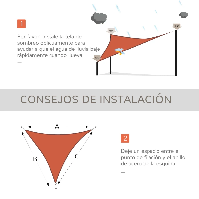 Outsunny Toldo Vela Triangular 3x3x3 m Vela de Sombra para Jardín Patio Terraza Poliéster Anti UV Color Terracota
