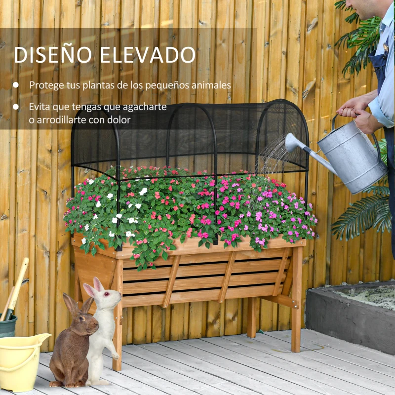 Outsunny Huerto Urbano Elevado de Madera 120x55x143 cm Mesa de Cultivo de Jardín con Red de Sombra de Malla y Tela Geotextil para Cultivos Plantas Flores Natural