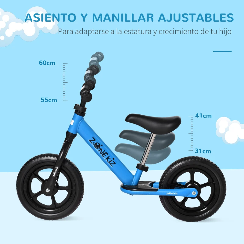 HOMCOM Bicicleta sin Pedales para Niños de +2 Años con Sillín Ajustable de 31-41 cm y Manillar Regulable Bicicleta de Equilibrio Infantil con Ruedas de 12" 89x37x55-60 cm Azul