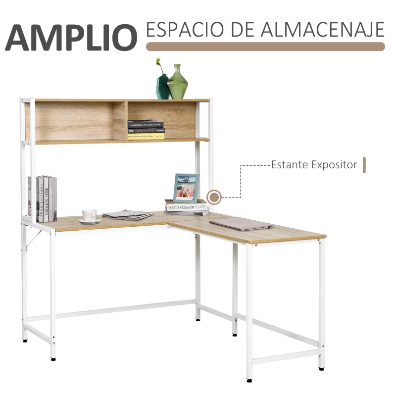 HOMCOM Escritorio en Forma de L Multifuncional Mesa para Oficina o Estudio con Estantes Altos Espacio Amplio Moderno y Minimalista 140x125x149 cm Color Madera