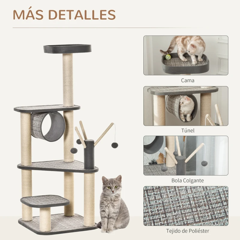 PawHut Árbol para Gatos Grande 49x49x130 cm Torre Escalador para Gatos con Múltiples Plataformas Postes de Sisal Beige y Gris