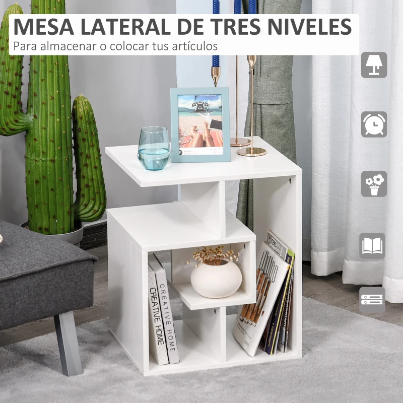 HOMCOM Mesita Auxiliar Mesa Auxiliar Blanca Mesa de Centro con Estantes de Almacenamiento para Salón Dormitorio 45x40x55 cm