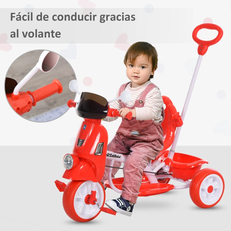 HOMCOM Triciclo Evolutivo Infantil 3 en 1 para Niños +18 Meses con Función de Luz y Música Barra de Seguridad y Toldo Retráctil Asiento Giratorio 360° 93x51x94 cm Rojo