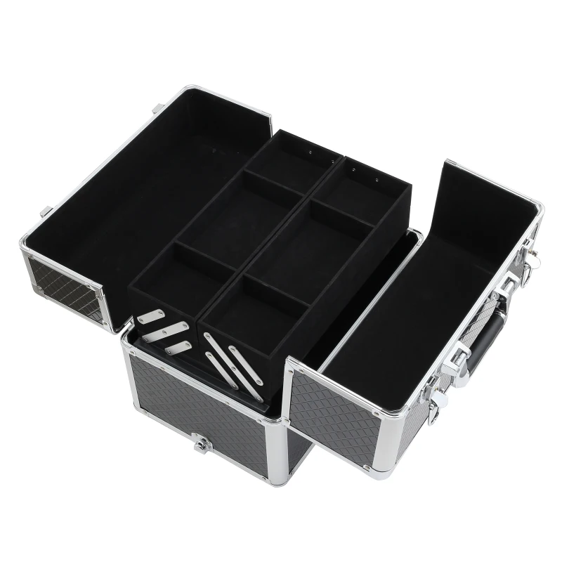 HOMCOM Maleta de Maquillaje Profesional Maletín de Comésticos Desmontable con Ruedas Universales Bandejas Desplegables con Cerradura Fácil de Transportar 36x24x79-107cm Negro