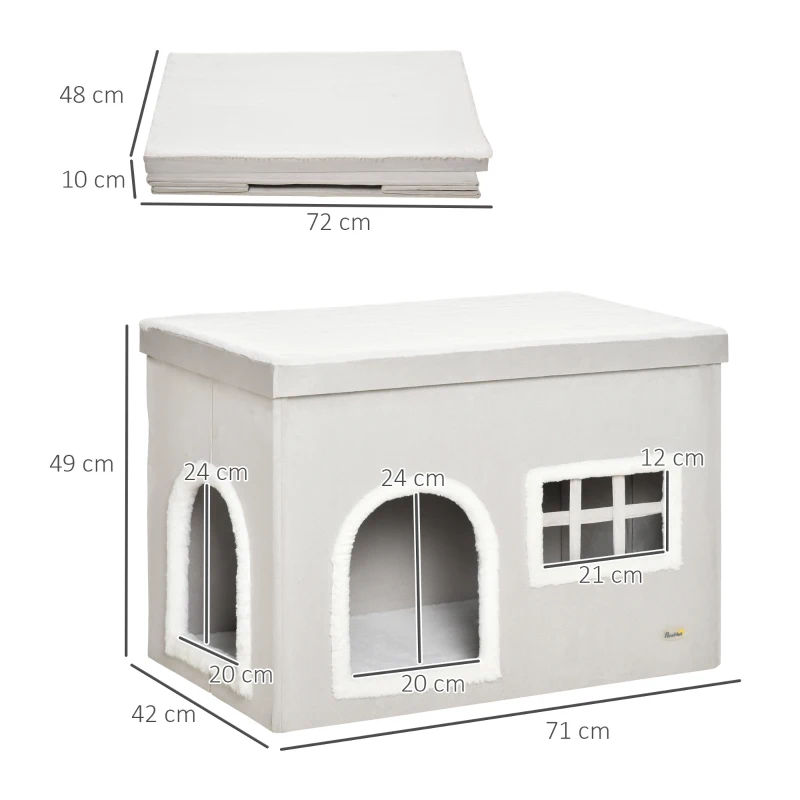 PawHut Casa Plegable para Gatos Interior Cueva para Gatos con Cojines de Felpa Suave Tapa Extraíble 2 Entradas y Ventana 71x42x49 cm Gris