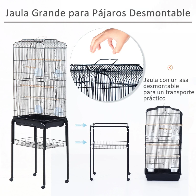 PawHut Jaula para Pájaros con Ruedas 47,5x37x153 cm Jaula Metálica de Aves con Puertas 4 Comederos 3 Perchas Bandeja Extraíble y Estante de Almacenaje para Canarios Periquitos Negro