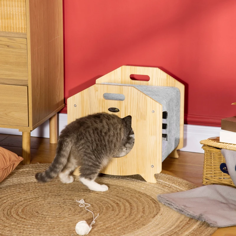 PawHut Caseta de Gatos de Madera y Fieltro Casa para Mascotas con Cojín y 2 Asas 40x39x40 cm Natural y Gris