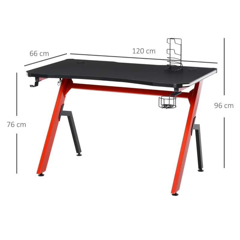 HOMCOM Mesa Gaming 120x66x76 cm con Luz LED RGB y Control Remoto Escritorio Gaming Desk con Portavasos Gancho para Auriculares Soporte para Mandos Gamepad Fibra de Carbono Negro y Rojo