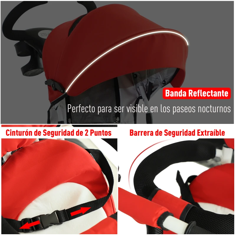 HOMCOM Triciclo para Bebés Plegable Triciclo Evolutivo 2 en 1 para Niños +18 Meses con Toldo Plegable Mango de Empuje Telescópico Reposapiés Cinturón de Seguridad y Cestas Rojo