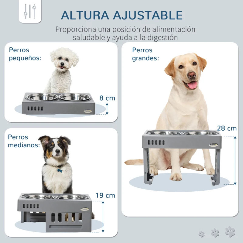 PawHut Comedero Elevado para Perros con 2 Platos Desmontables de 1200 ml y Altura Ajustable 44x27,7x28 cm Gris