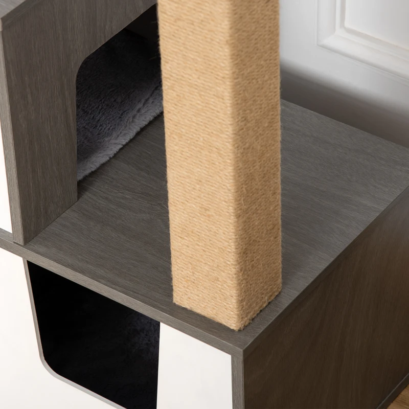 PawHut Árbol para Gatos de Madera Altura 93 cm con 2 Cuevas Cojines Extraíbles Plataformas Postes Rascadores de Yute Natural y Múltiples Entradas para Descansar 77x39x93 cm Gris