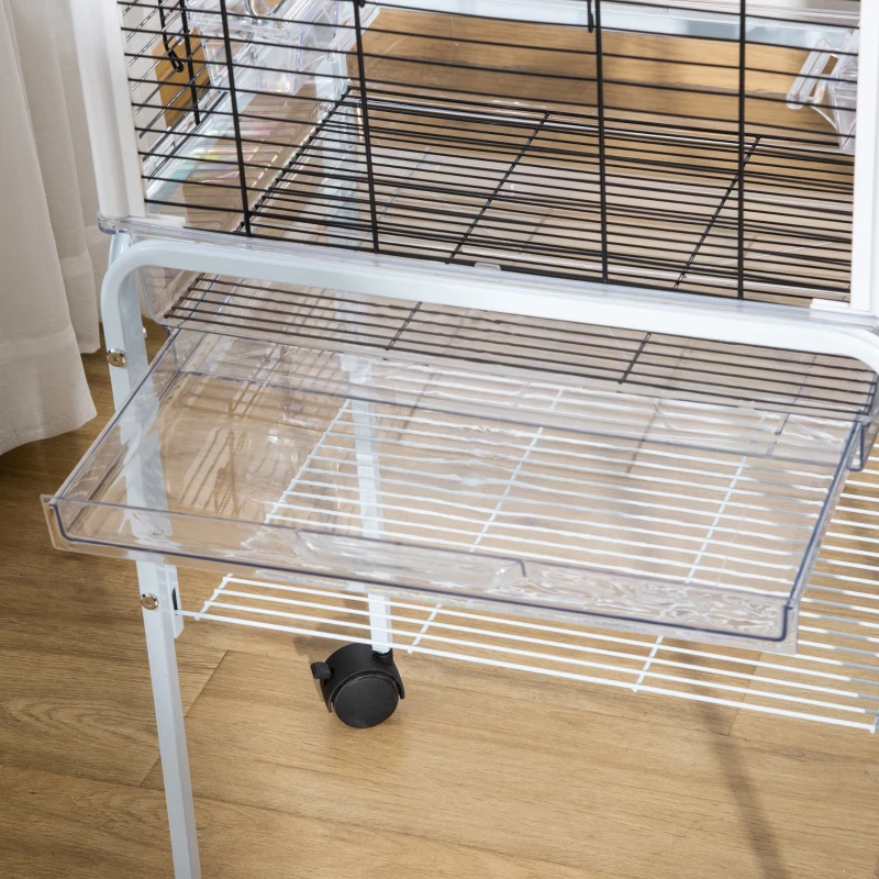 PawHut Jaula para Pájaros con Soporte Desmontable Pajarera con 4 Ruedas Techo Abrible 2 Comederos 2 Perchas y Bandeja para Loros Canarios Periquitos 47x35x106,5 cm Blanco