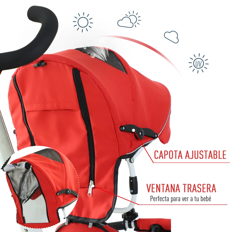 HOMCOM Triciclo para Bebés Plegable Triciclo Evolutivo 2 en 1 para Niños +18 Meses con Toldo Plegable Mango de Empuje Telescópico Reposapiés Cinturón de Seguridad y Cestas Rojo