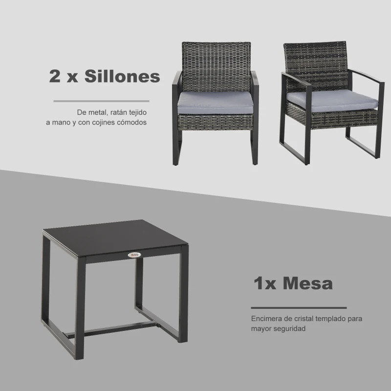 Outsunny Conjunto de Mesa y Sillas de Jardín para Exterior Incluye 2 Sillones y 1 Mesa de Centro de Vidrio Gris