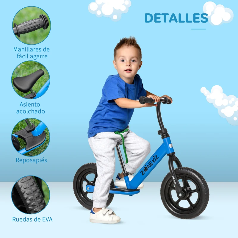 HOMCOM Bicicleta sin Pedales para Niños de +2 Años con Sillín Ajustable de 31-41 cm y Manillar Regulable Bicicleta de Equilibrio Infantil con Ruedas de 12" 89x37x55-60 cm Azul