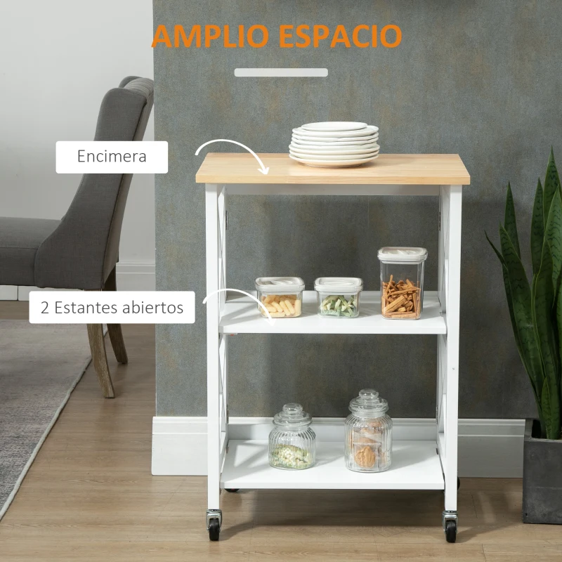 HOMCOM Carrito de Cocina Plegable Carro Auxiliar con Ruedas Carro Verdulero con 2 Estantes para Comedor 60x40x84 cm Blanco