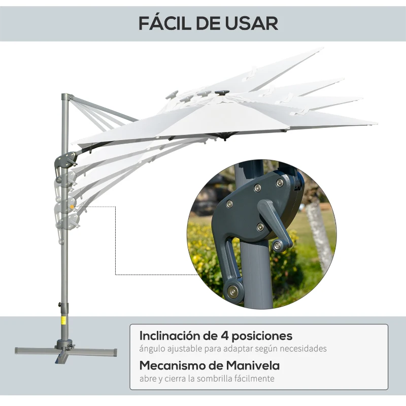 Outsunny Sombrilla de Jardín Ø3 m Sombrilla de Terraza de Aluminio con Luces LED Panel Solar Techo Reclinable Protección UV 50+ Giratorio 360° Manivela Base Cruzada Blanco