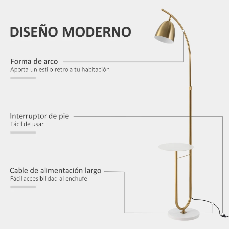 HOMCOM Lámpara de Pie Vintage con Mesa Auxiliar Casquillo E27 Máx. 40W y Interruptor de Pie para Salón Dormitorio Estudio 30x44x177 cm Dorado