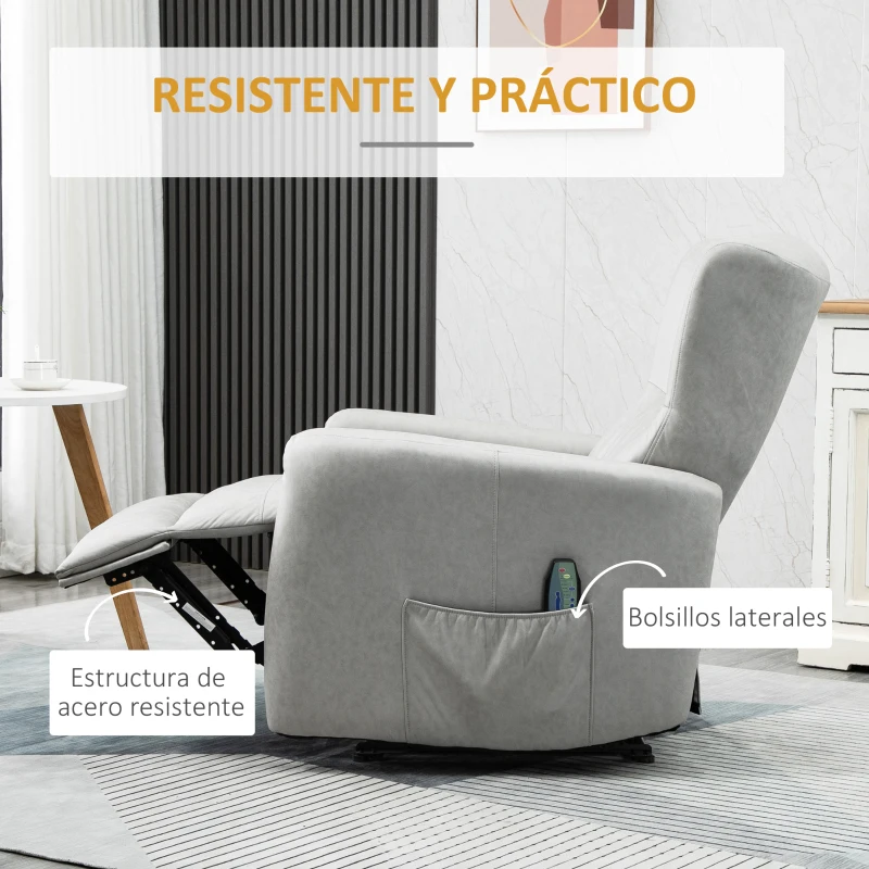 HOMCOM Sillón de Masaje Relax con Reclinación Manual 155° 8 Zonas de Masaje Mando a Distancia Tapizado en Tejido Técnico Reposapiés y 2 Bolsillos Laterales 79x101x96 cm Gris