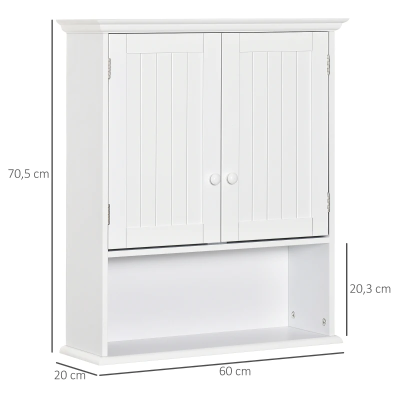 kleankin Armario Baño de Pared con 2 Puertas Estante Interior Ajustable y Compartimento Abierto Mueble Auxiliar Suspendido Multiusos para Cocina 60x20x70,5 cm Blanco