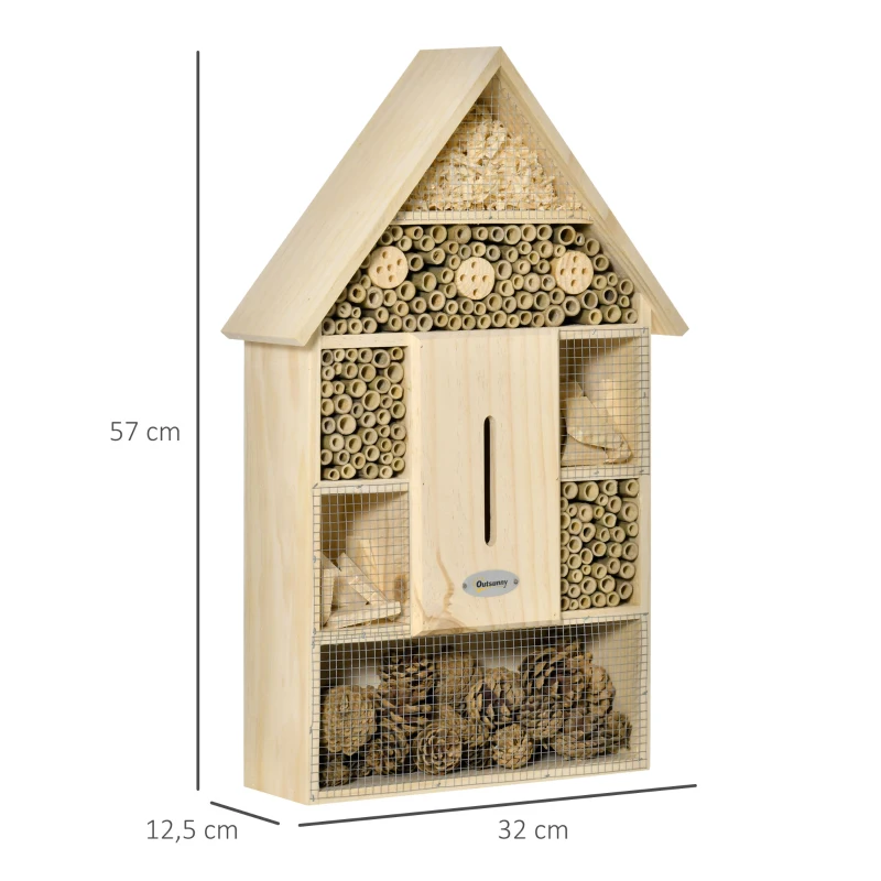 Outsunny Hotel de Insectos de 5 Pisos Casa de Insectos de Madera y Bambú para Abejas Mariposas Mariquitas Uso Exterior en Jardín 32x12,5x57 cm Color Natural