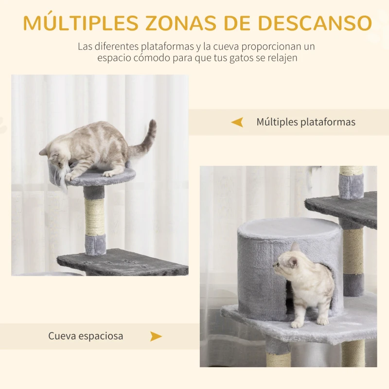 PawHut Torre para Gatos con Plataformas Casetas Ratón de Juego Postes para Rascar y Cubierto de Felpa 48x48x100 cm Gris