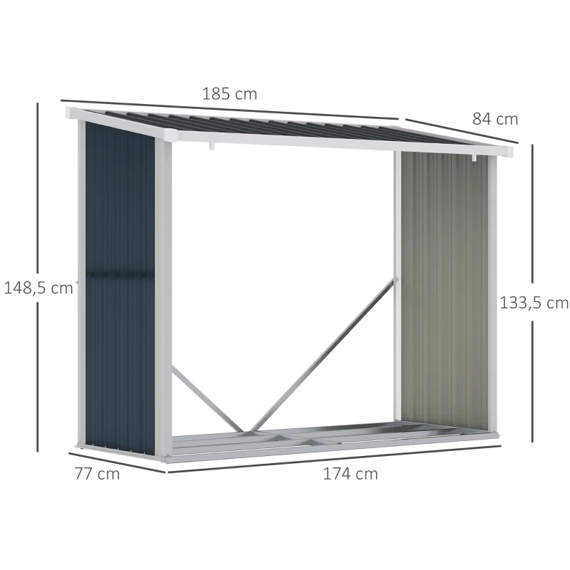 Outsunny Casetilla para Leña Acero Galvanizado Cobertizo Leñero de Almacenamiento de Troncos con Techo Inclinado para Jardín Terraza Exterior 185x84x133,5/148,5 cm Gris