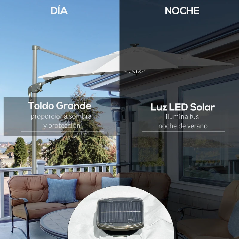 Outsunny Sombrilla de Jardín Ø3 m Sombrilla de Terraza de Aluminio con Luces LED Panel Solar Techo Reclinable Protección UV 50+ Giratorio 360° Manivela Base Cruzada Blanco