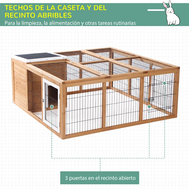 PawHut Conejera de Exterior Jaula para Conejos Cabayas Animales Pequeños con Caseta Techo Asfáltico Abatible y Múltiples Puertas 123x120x52 cm Madera Natural