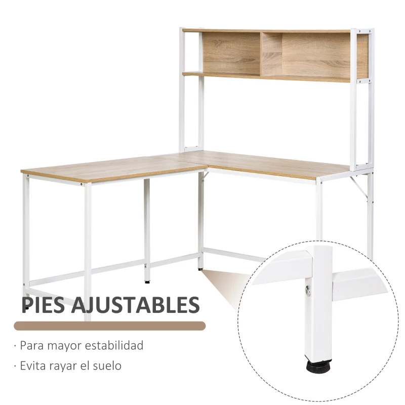 HOMCOM Escritorio en Forma de L Multifuncional Mesa para Oficina o Estudio con Estantes Altos Espacio Amplio Moderno y Minimalista 140x125x149 cm Color Madera