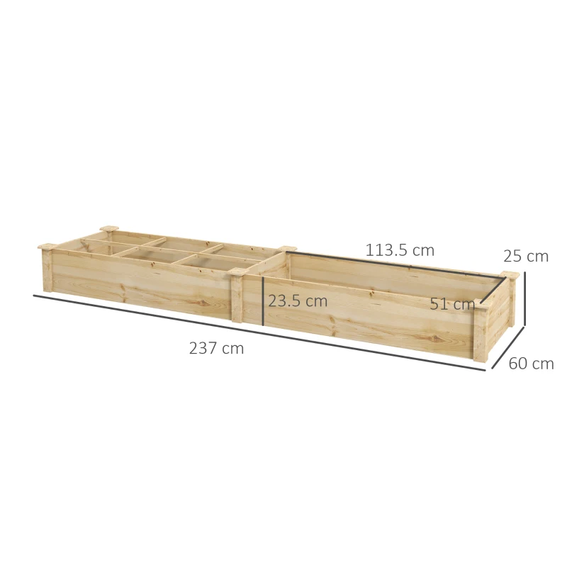 Patul supraînălțat pentru grădină și grădină de legume Outsunny cu partiție internă și fund deschis, 237x60x25cm, lemn natural