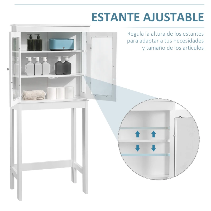 kleankin Mueble de Baño sobre Inodoro Visible en Tres Lados con Puertas de Cristal Armario Alto para Lavadora con Estantes Interiores Ajustables 70x24,5x160 cm Blanco