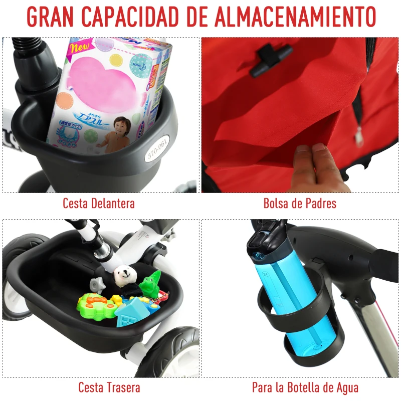 HOMCOM Triciclo para Bebés Plegable Triciclo Evolutivo 2 en 1 para Niños +18 Meses con Toldo Plegable Mango de Empuje Telescópico Reposapiés Cinturón de Seguridad y Cestas Rojo