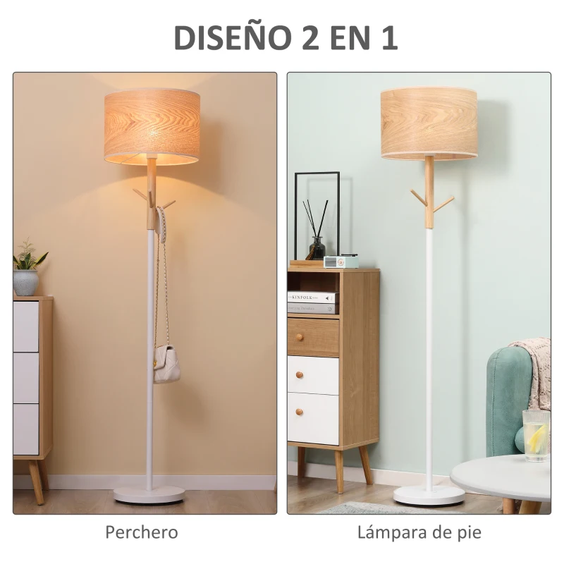 HOMCOM Lámpara de Pie con Ganchos para Colgar Ropa Sombreros Pantalla de PE Casquillo E27 Máx. 40W e Interruptor de Pie Moderno para Salón Dormitorio Ø38x158 cm Natural