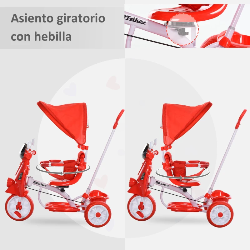 HOMCOM Triciclo Evolutivo Infantil 3 en 1 para Niños +18 Meses con Función de Luz y Música Barra de Seguridad y Toldo Retráctil Asiento Giratorio 360° 93x51x94 cm Rojo
