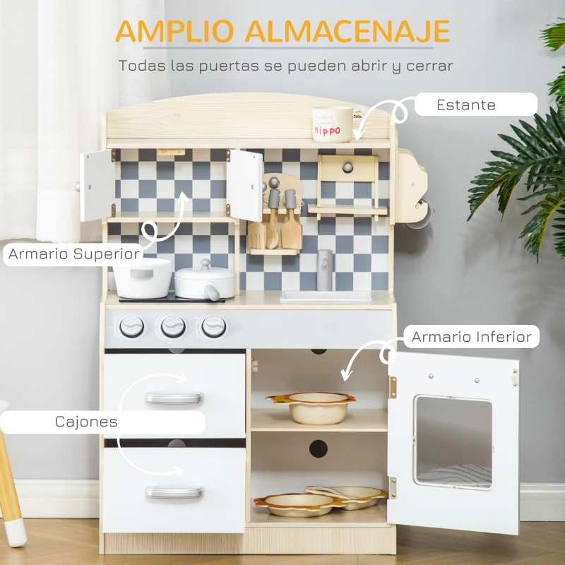 HOMCOM Cocina de Juguete de Madera para Niños +3 Años con 5 Accesorios Cocinita Infantil con 2 Armarios 2 Cajones Grifo Simulado y Soporte para Papel 54,5x29x80 cm Natural