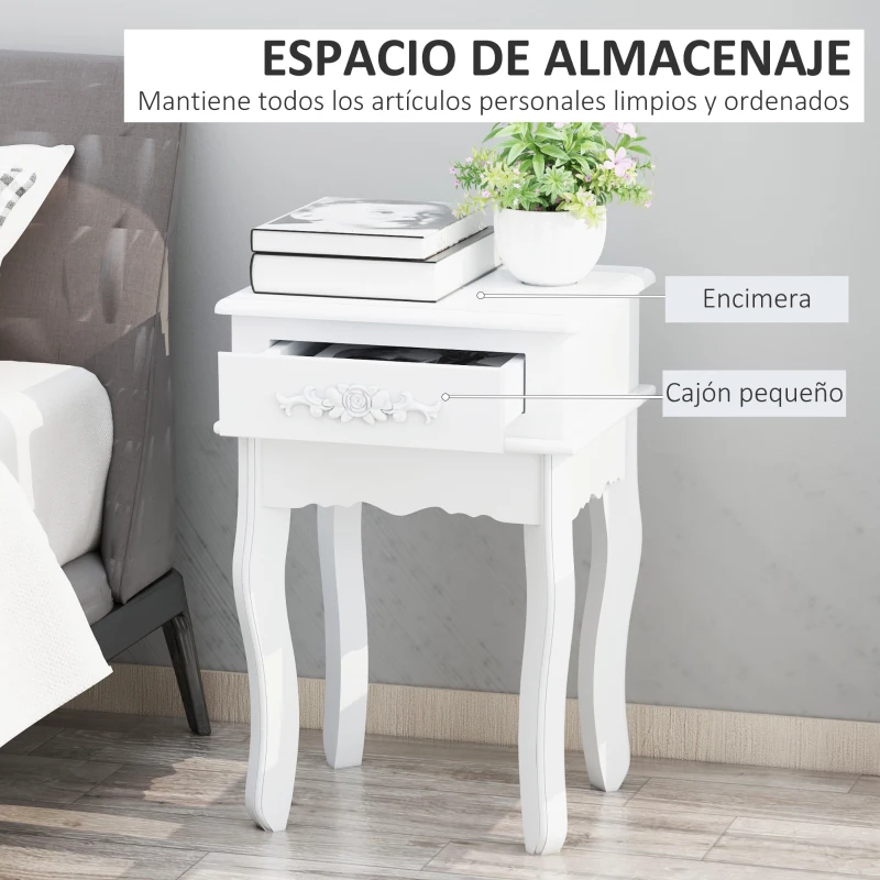 HOMCOM Mesita de Noche con 1 Cajón Mesa Auxiliar de Madera para Dormitorio Salón Estilo Moderno 40x35x60 cm Blanco