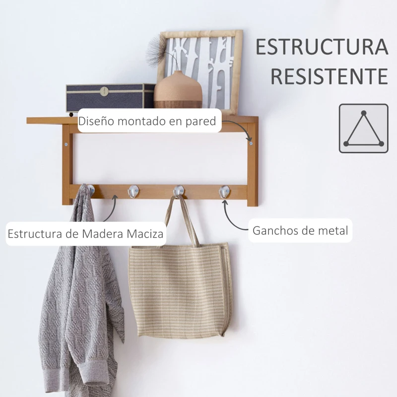 HOMCOM Perchero de Pared de Bambú Estante Toallero de pared 4 Ganchos para Entrada Salón Baño Pasillo Dormitorio 50x16x17,5 cm Carga 5kg