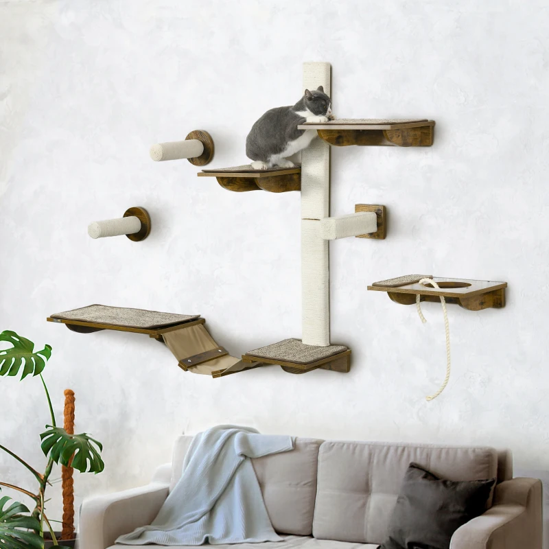 PawHut 8Pcs Wall Mounted Cat Tree with Scratching Posts, Perches, Ladder, for Sleeping, Playing, Lounging - Brown