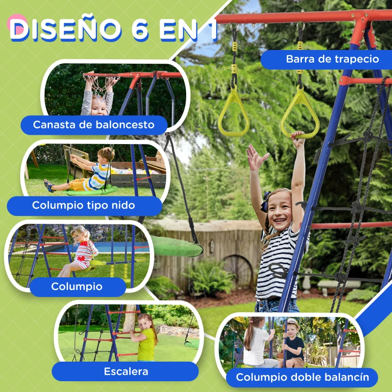 Outsunny Juego de Columpios de Jardín de Metal 6 en 1 para Niños de 3-12 Años con Canasta Escalera y Anillas 435x135x177 cm Azul