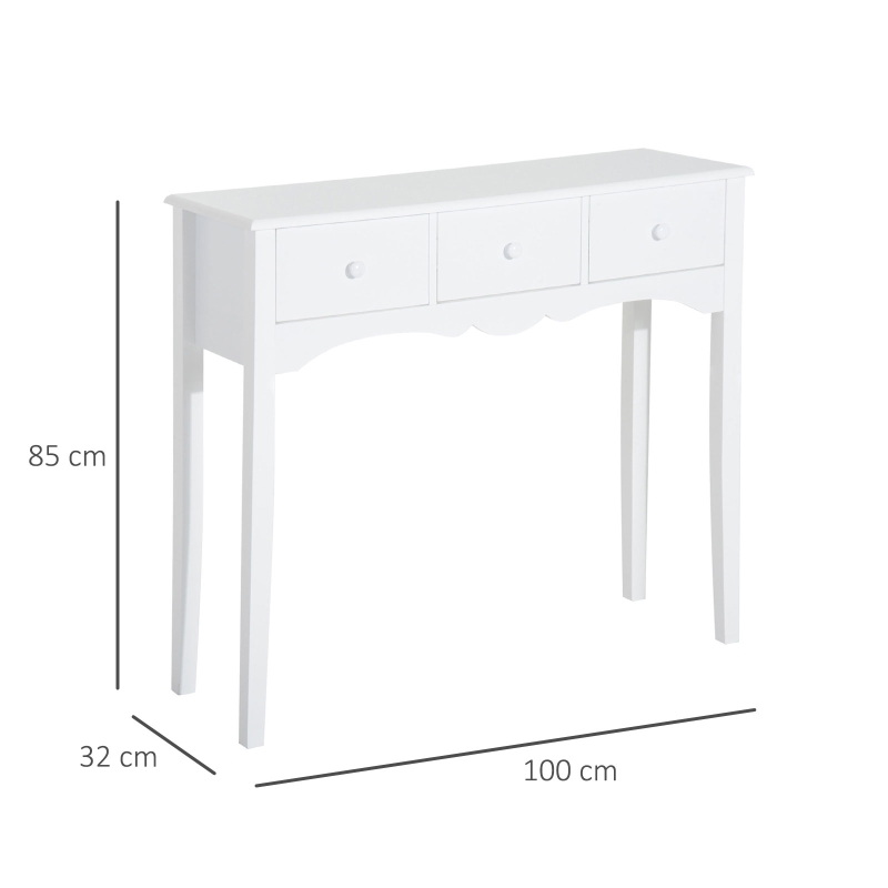 HOMCOM Mesa Consola de Madera Mueble Recibidor de Entrada con 3 Cajones para Salón Pasillo Carga 45 kg 100x32x85 cm Blanco