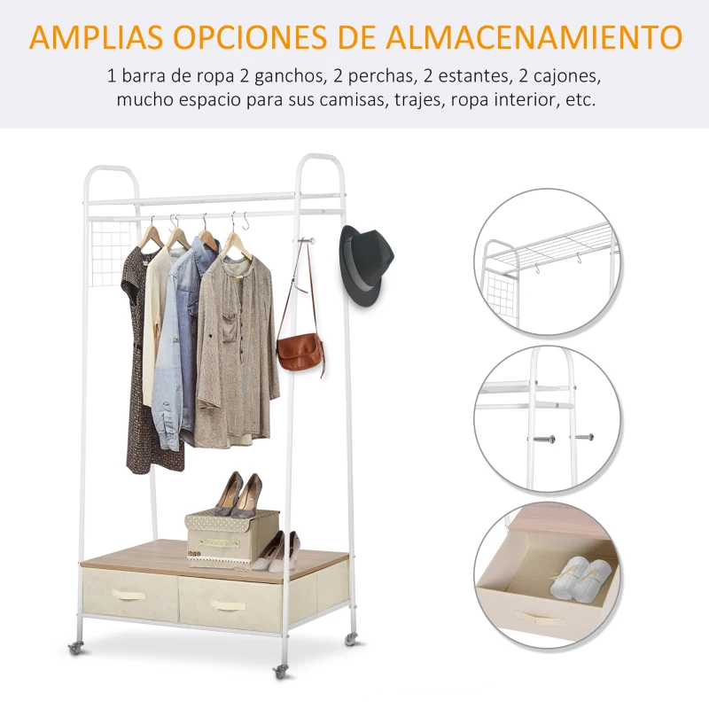 HOMCOM Perchero Metálico con Ruedas Colgador para Ropa con Riel Estantes Cajones para Organizar Ropa Bolsos 99x47x185cm