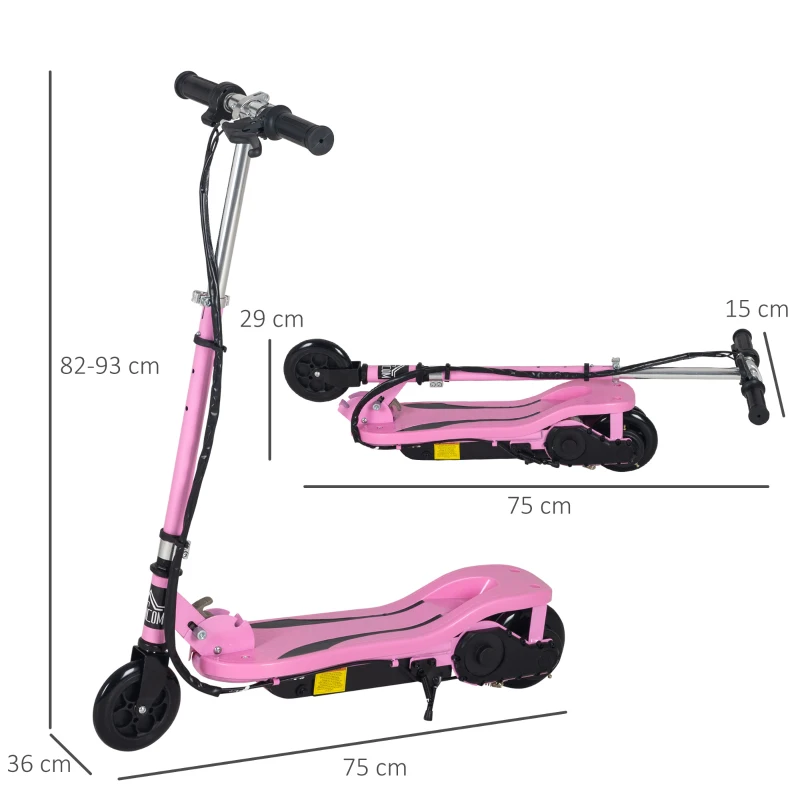 HOMCOM Patinete Eléctrico Plegable para Niños de 7-14 Años Máx. 50 kg Scooter con Velocidad Max. 12 km/h Altura Ajustable Interruptor de Arranque y Frenos 75x36x82-93 cm Rosa