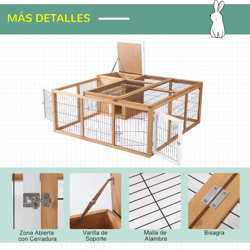 PawHut Conejera de Exterior Jaula para Conejos Cabayas Animales Pequeños con Caseta Techo Asfáltico Abatible y Múltiples Puertas 123x120x52 cm Madera Natural