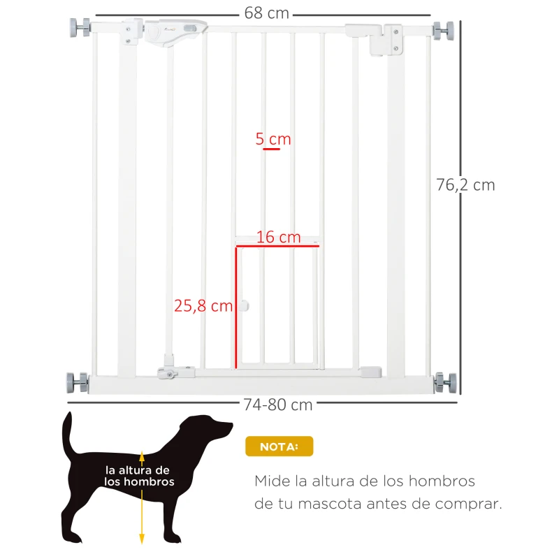PawHut Barrera de Seguridad Extensible con Puerta Pequeño Cierre Automático y Sistema de Doble Bloqueo 74-80x76,2 cm Blanco